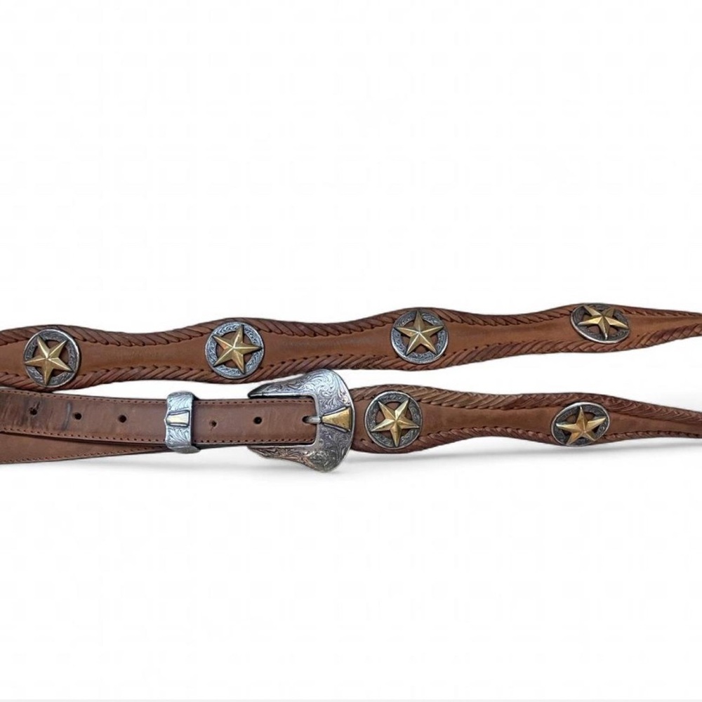 Western Cowboy Gold Star Conchos Crazy Horse Scalloped Genuine Leather Belt 52”